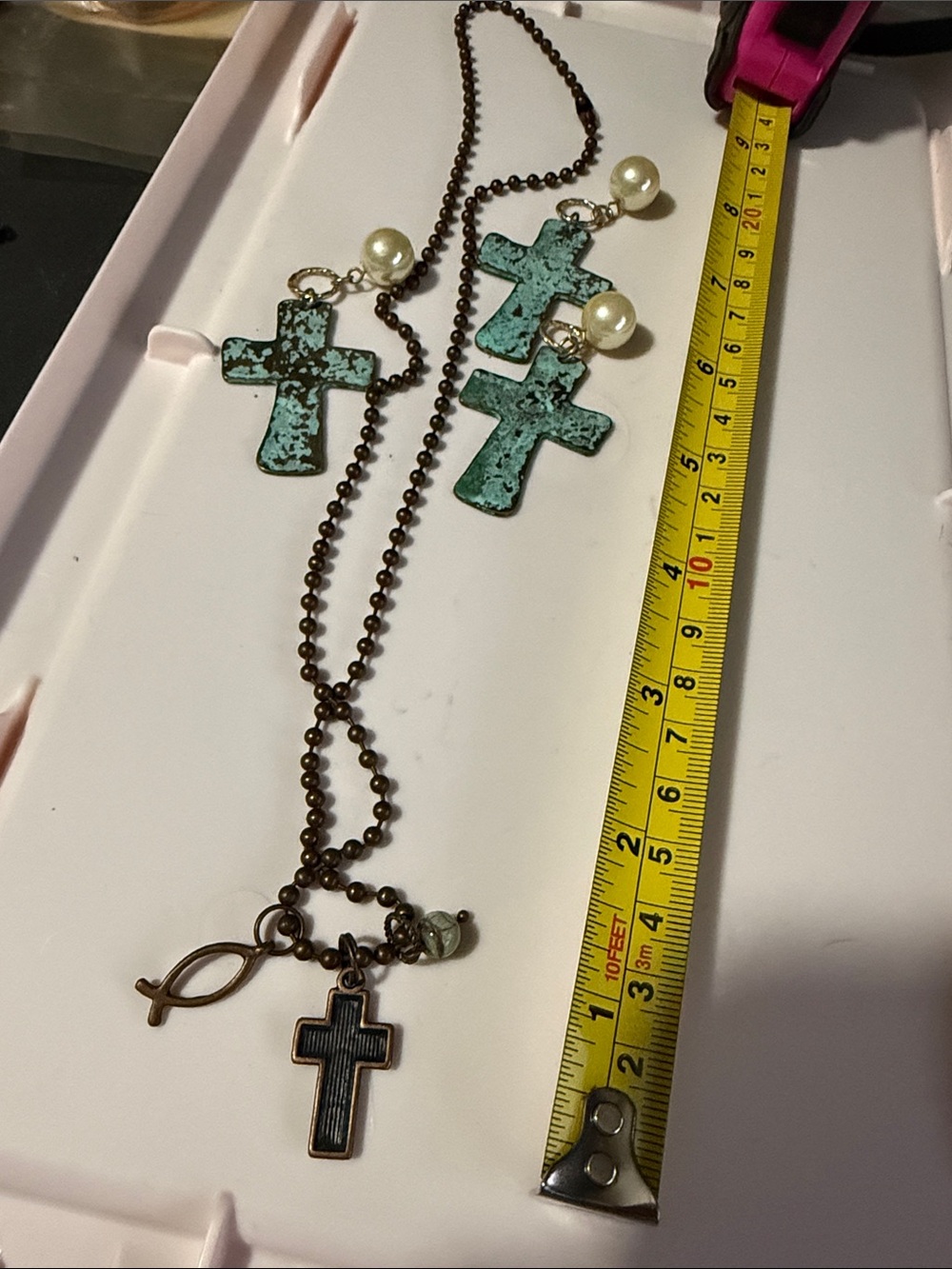 Turquoise Patina Cross Necklace and 3 Matching Pendants.